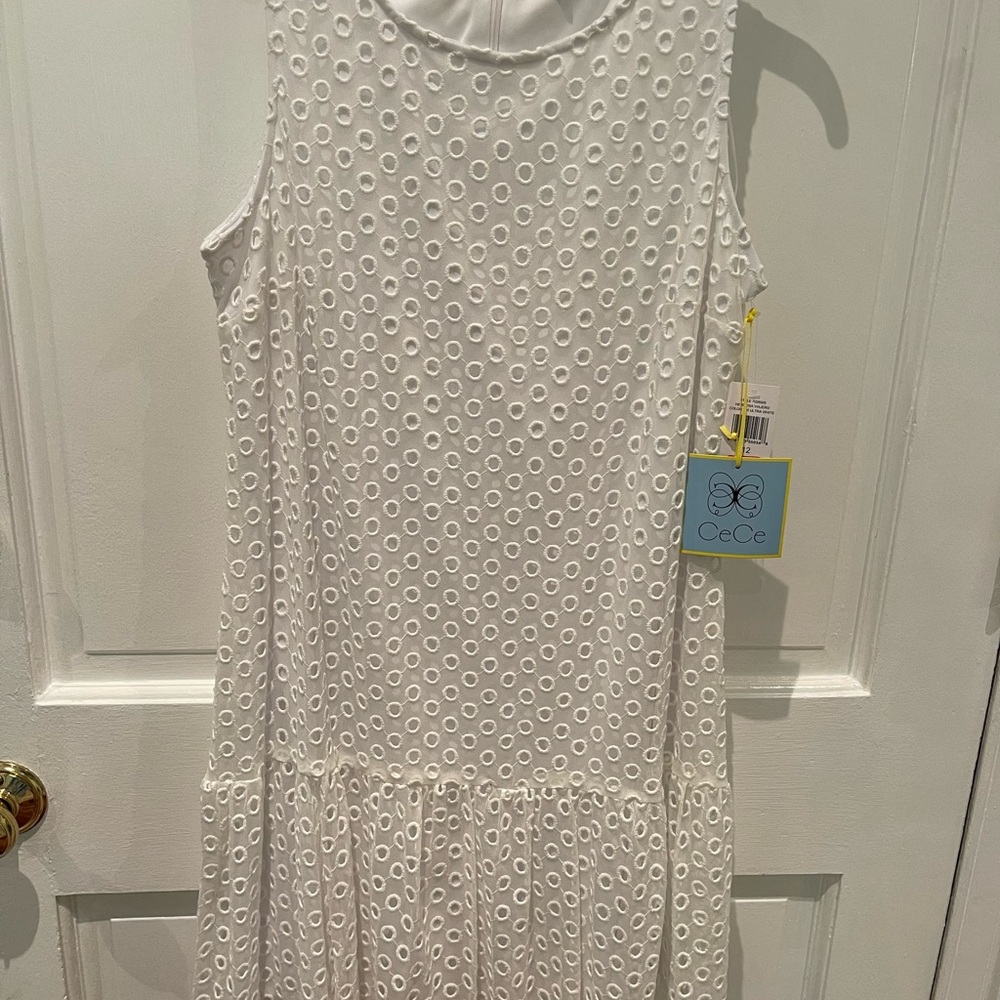 CeCe sz12 white sleeve drop waist dress NWT linned polyester nylon cotton
